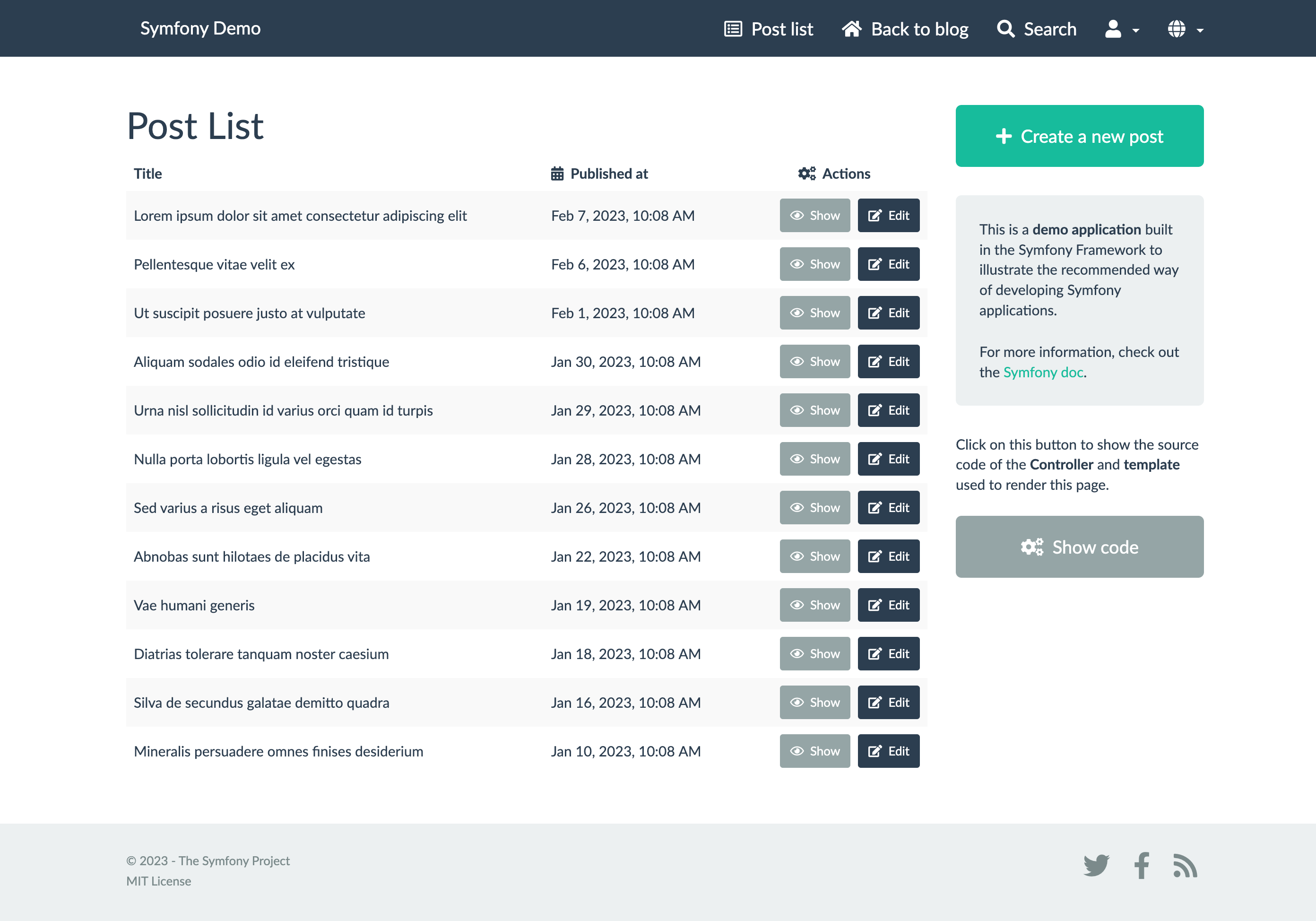 Screenshot of the Symfony Demo application